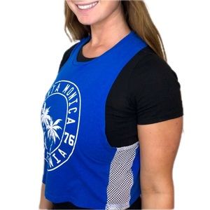 Royal Blue White Santa Monica California 1976 Graphic Mesh Loungewear Crop Top